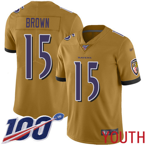 Baltimore Ravens Limited Gold Youth Marquise Brown Jersey NFL Football #15 100th Season Inverted Legend->baltimore ravens->NFL Jersey